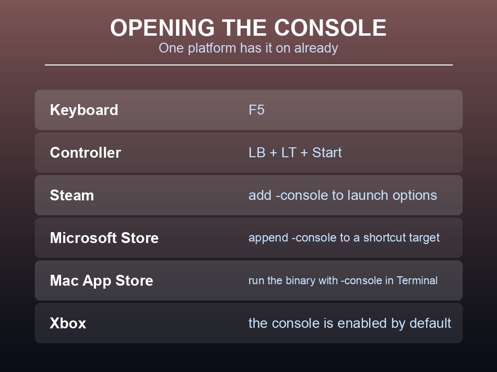 Card explaining how to open the Valheim console on each platform.