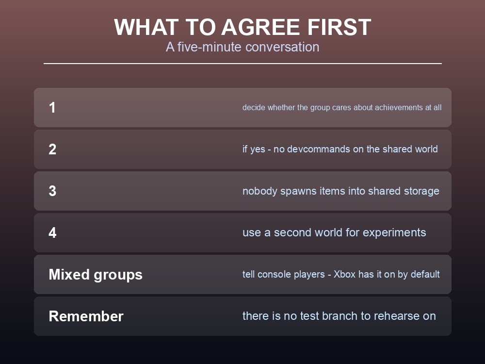 Card giving a group policy checklist for console use on a Valheim 1.0 server.