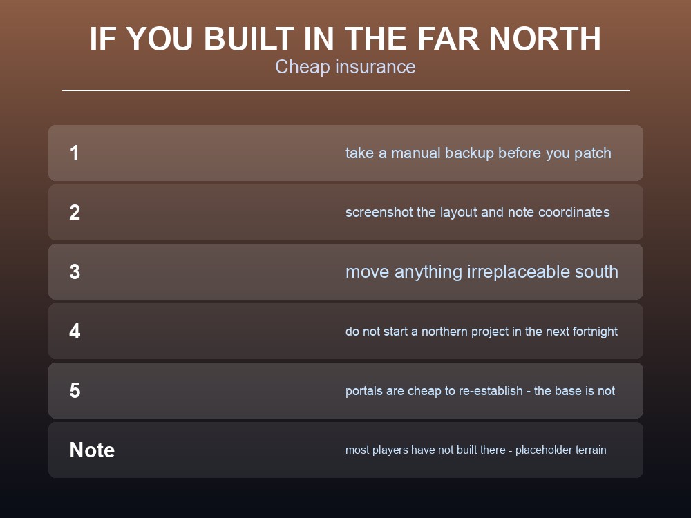 Card advising players who have built structures in the far north before 1.0.
