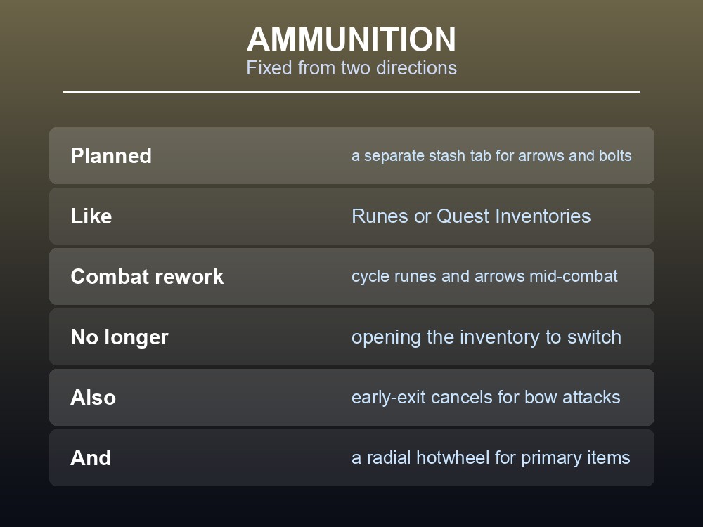 Card explaining ammunition handling and mid-combat switching for Ranged builds.
