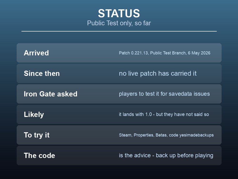 Card showing the release status of Valheim's new save system.