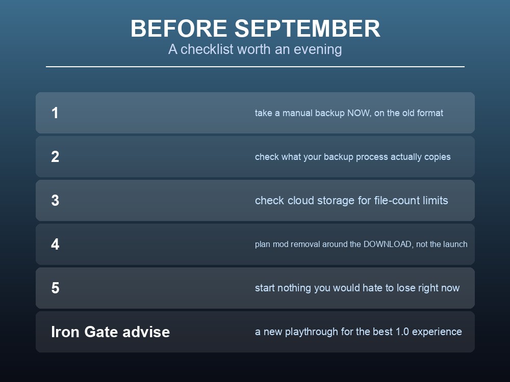 Card giving a checklist for Valheim server owners ahead of the save system change.