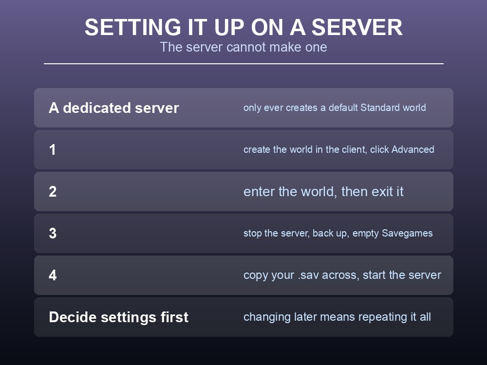 Card giving practical advice for running Custom or Creative worlds on a Dragonwilds server.