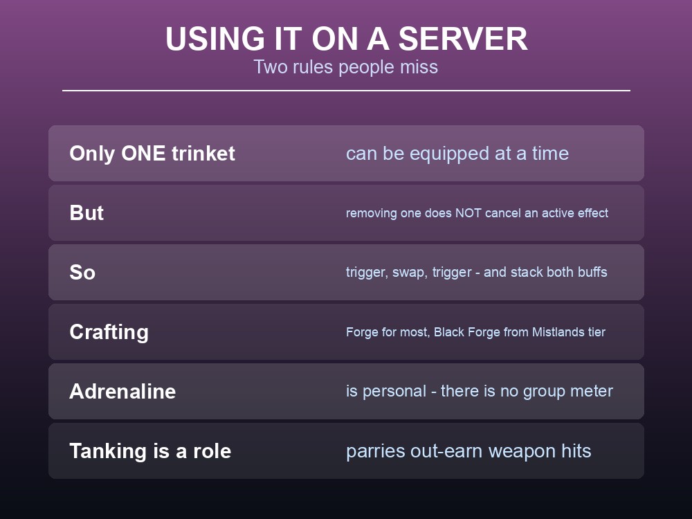 Card giving practical trinket and adrenaline advice for a Valheim group.