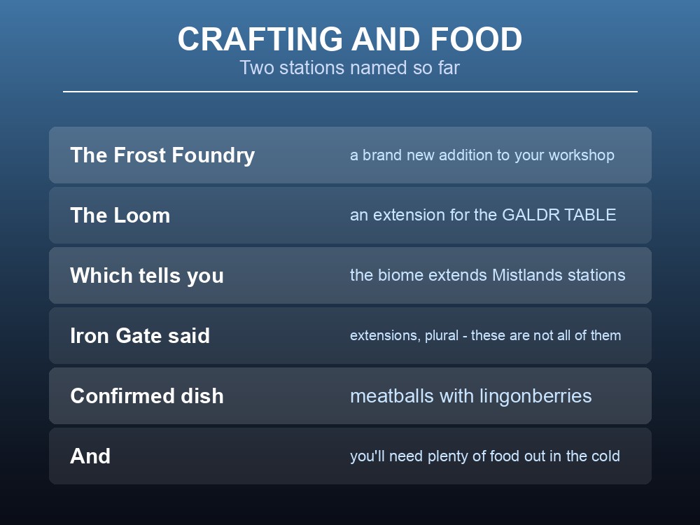 Card listing confirmed Deep North crafting stations and food.