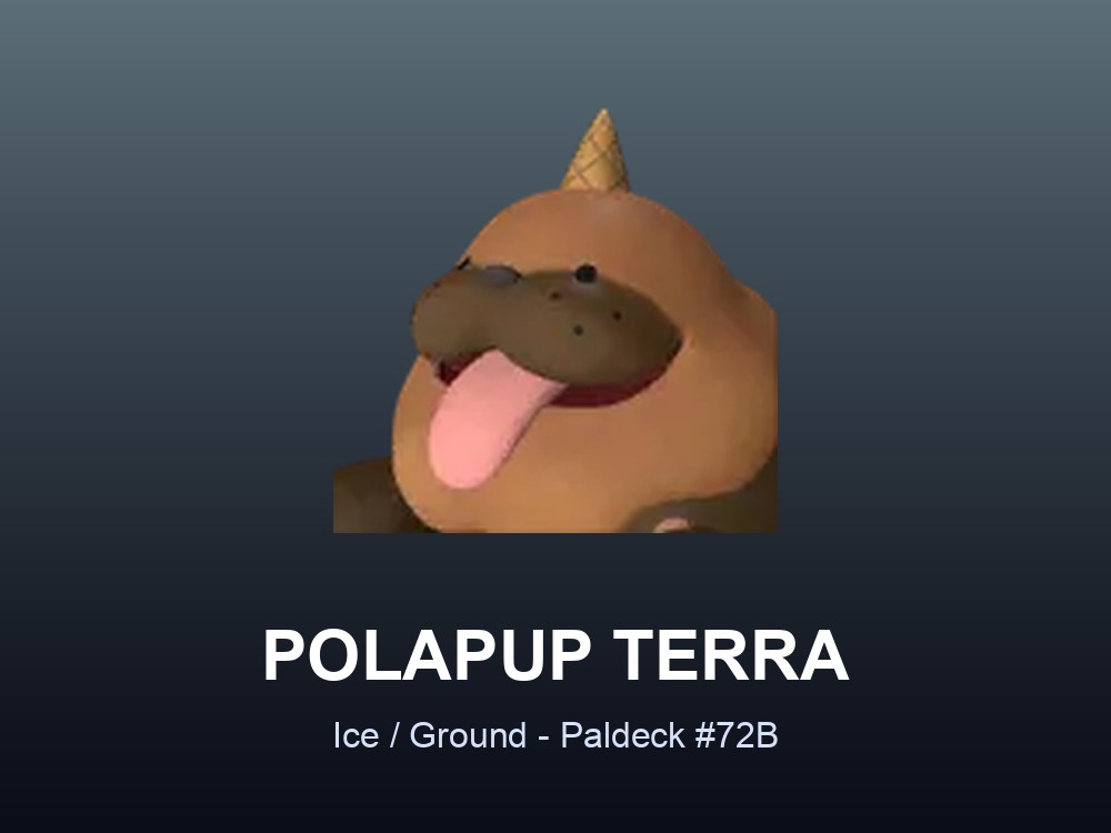Polapup Terra hero card showing the Ice/Ground variant Pal, Paldeck #72B, against a slate gradient.