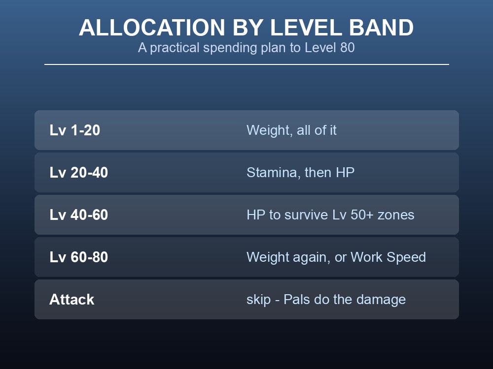 Card showing a Status Point allocation plan by level band from Level 1 to 80.