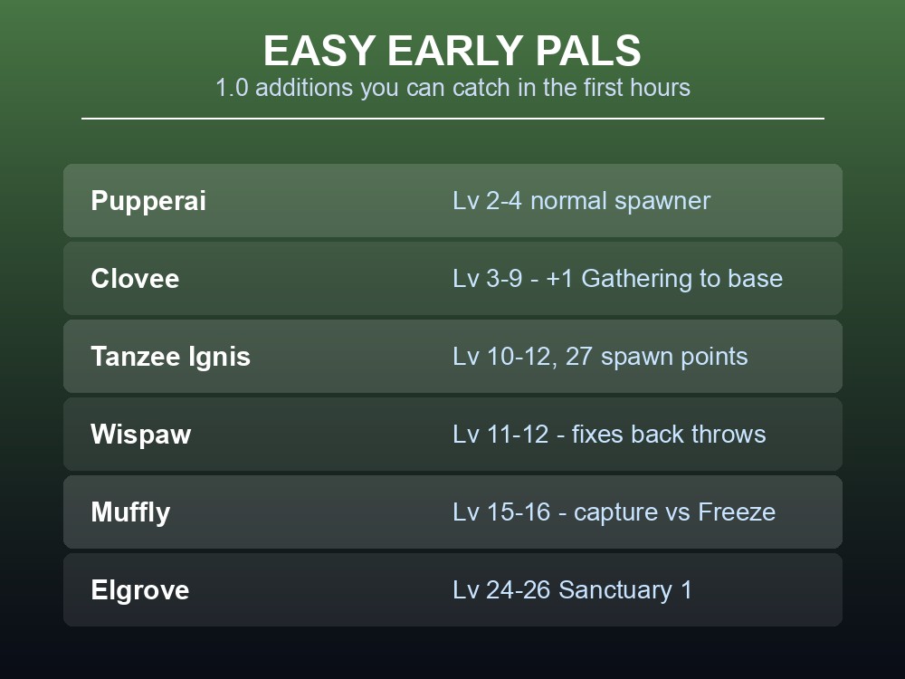 Card listing easy early Palworld 1.0 Pals with their levels and locations.
