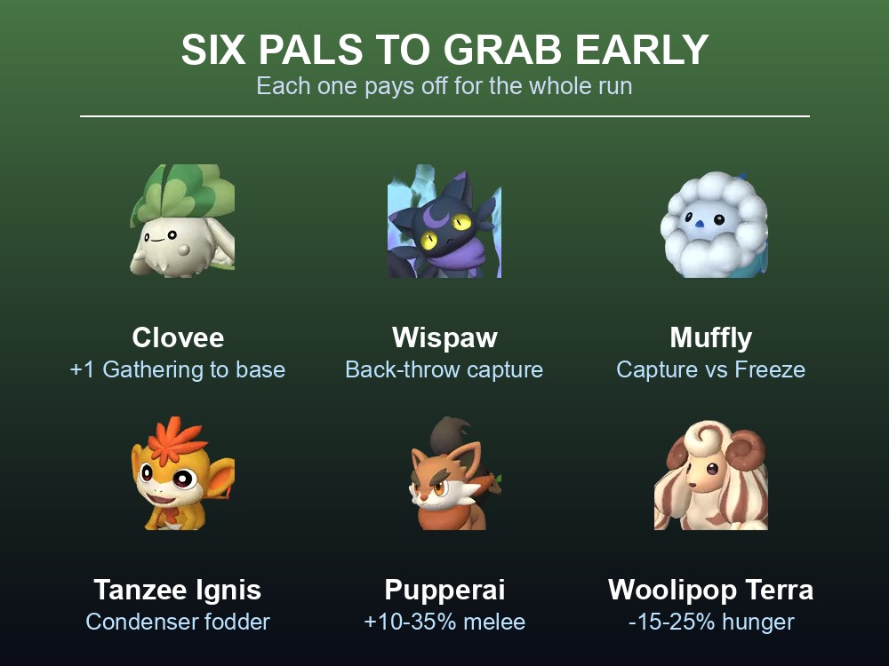 Card showing six Palworld 1.0 Pals worth grabbing early, each with the reason.