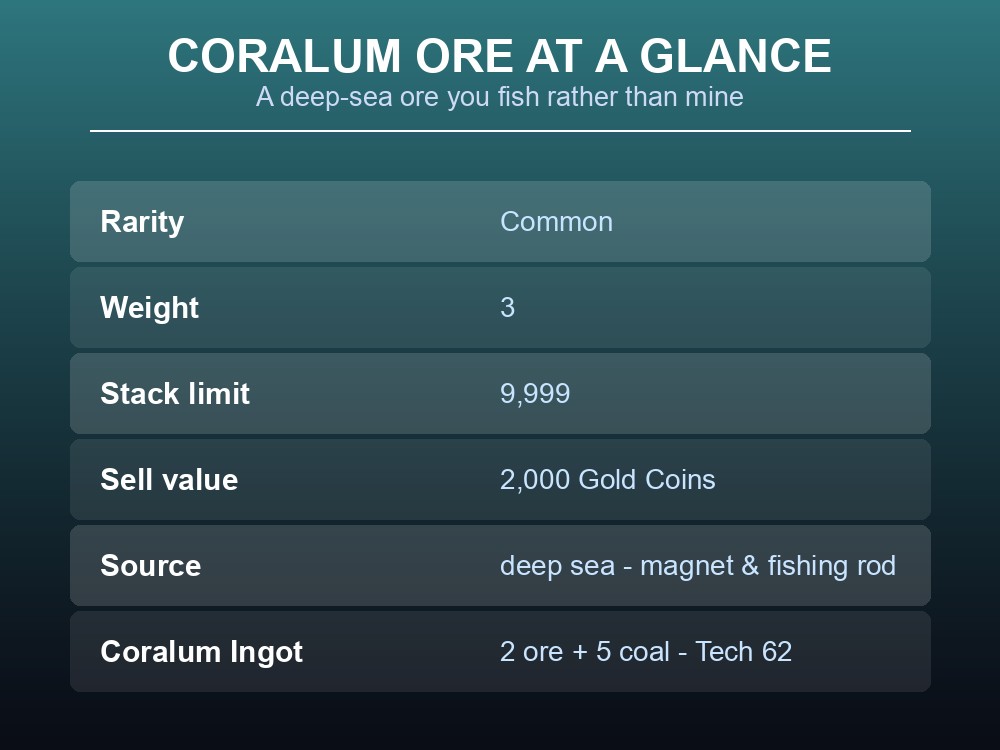 Coralum Ore stats card showing rarity, weight, stack limit, sell value and its route to Coralum Ingot.