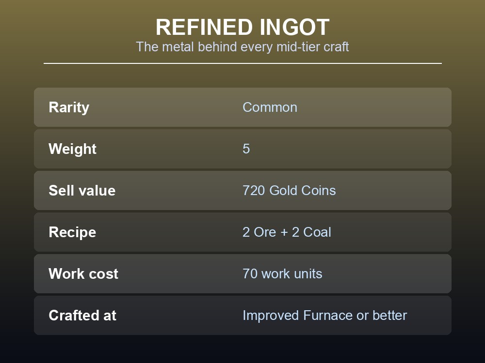 Refined Ingot stats card showing rarity, weight, sell value and the 2 Ore + 2 Coal recipe.