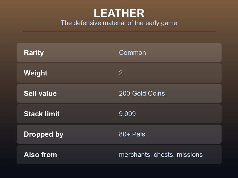 Leather stats card showing rarity, weight, sell value and that 80+ Pals drop it.