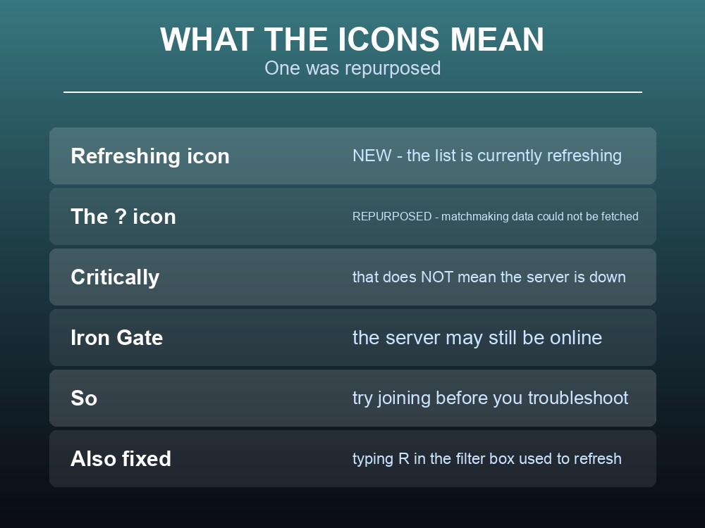Card explaining Valheim's server list icons after the rewrite.