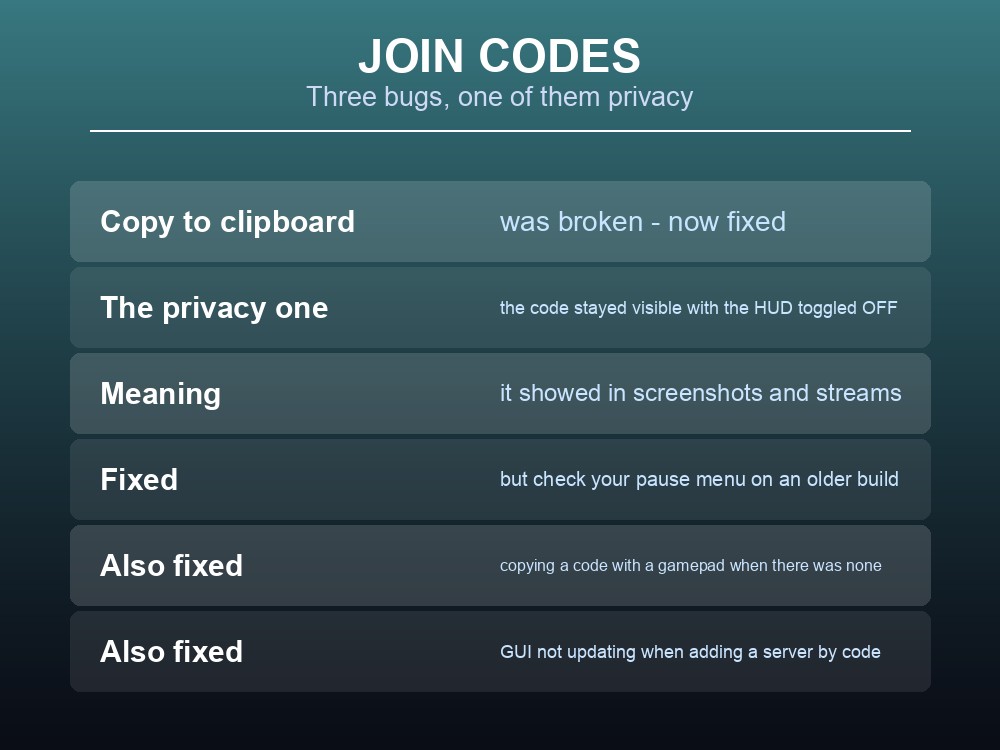 Card covering Valheim join code fixes and behaviour.