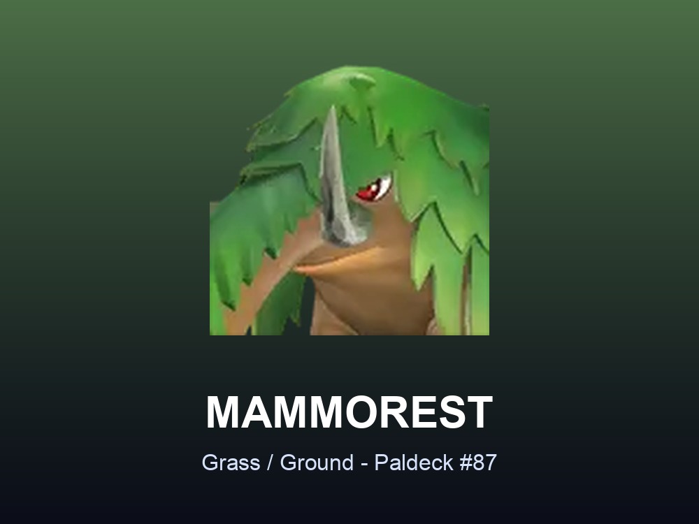 Mammorest hero card showing the Grass/Ground Pal Mammorest, Paldeck #87, against a green gradient.