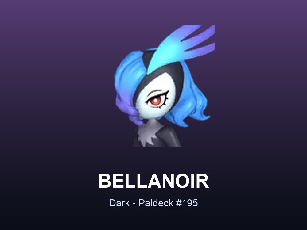 Bellanoir hero card showing the Dark Pal Bellanoir, Paldeck #195, against a violet gradient.