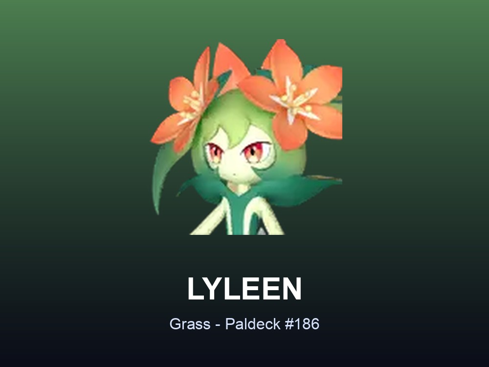Lyleen hero card showing the Grass Pal Lyleen, Paldeck #186, against a green gradient.