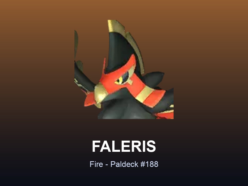 Faleris hero card showing the Fire Pal Faleris, Paldeck #188, against an orange gradient.