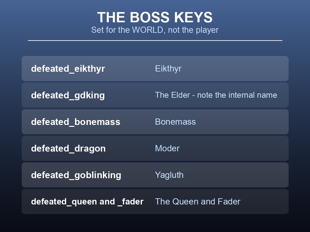 Card explaining Valheim's global key system and boss progression flags.