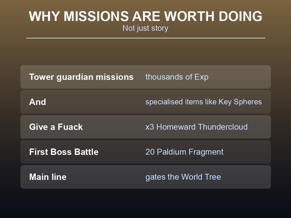Card explaining that missions pay experience, materials and progression gates.