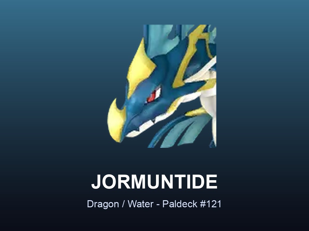 Jormuntide hero card showing the Dragon/Water Pal Jormuntide, Paldeck #121, against a deep blue gradient.
