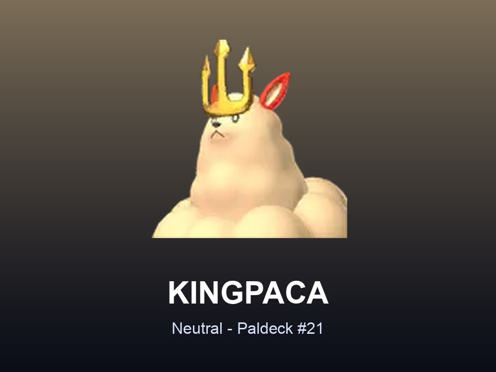 Kingpaca hero card showing the Neutral Pal Kingpaca, Paldeck #21, against a warm neutral gradient.