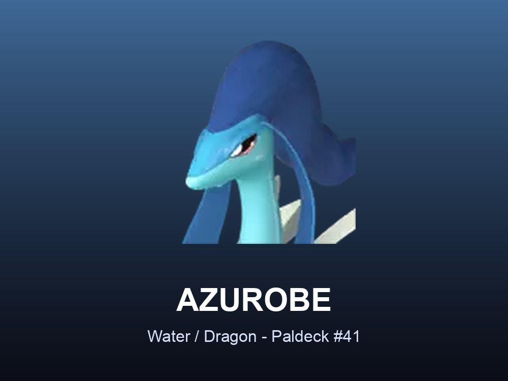 Azurobe hero card showing the Water/Dragon Pal Azurobe, Paldeck #41, against a blue gradient.