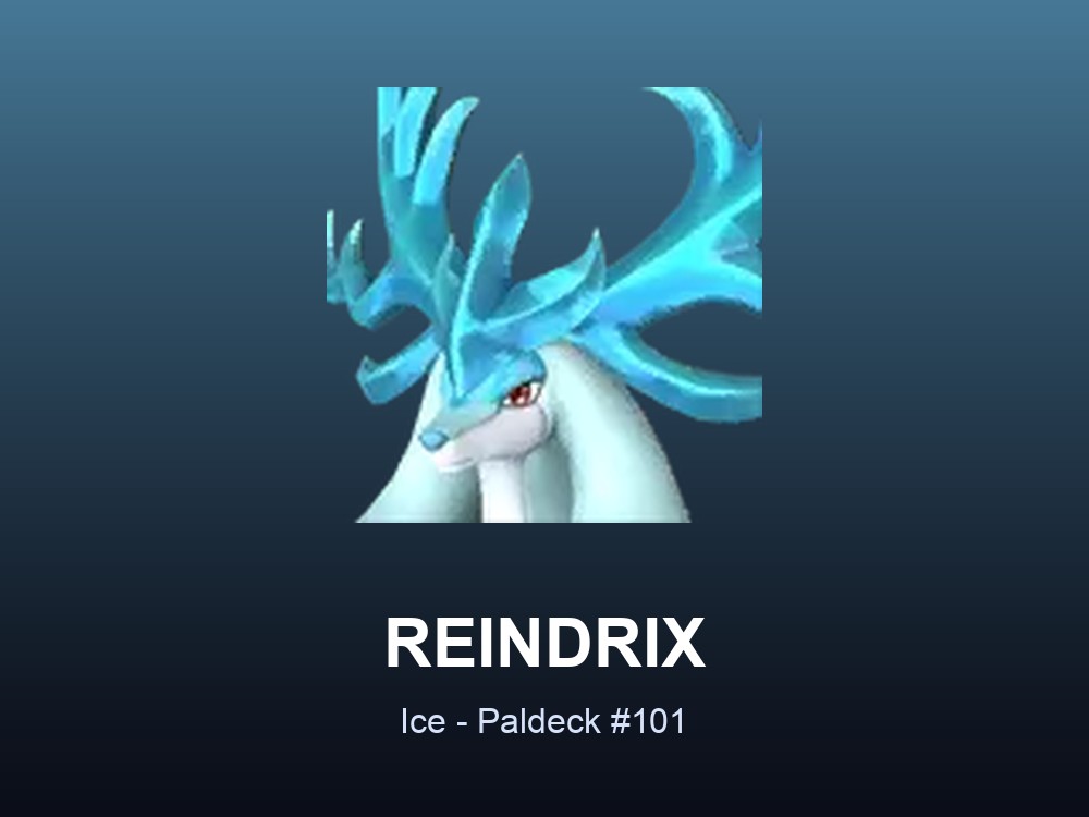 Reindrix hero card showing the Ice Pal Reindrix, Paldeck #101, against a cold blue gradient.