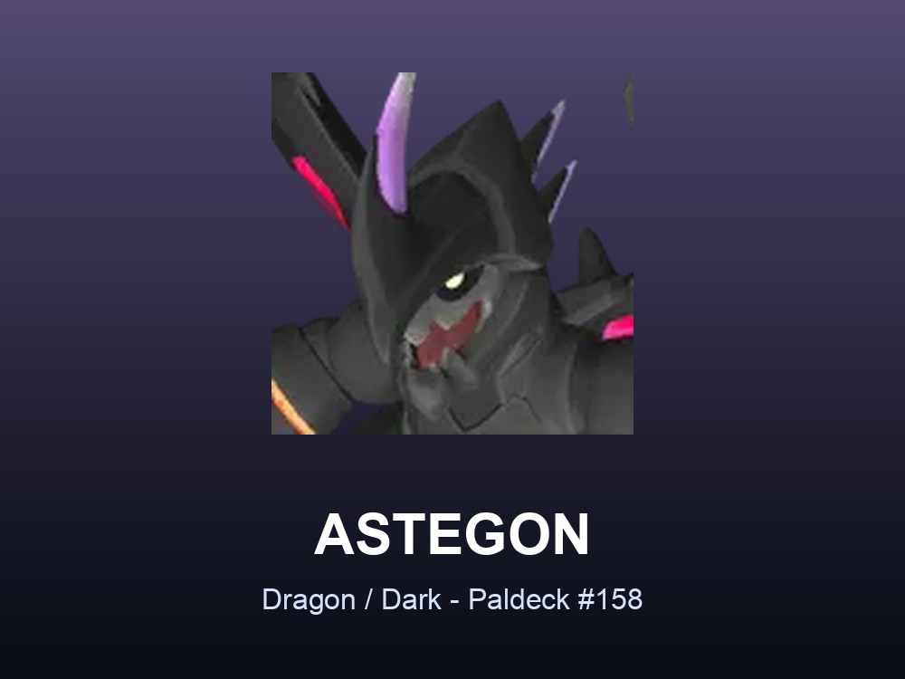 Astegon hero card showing the Dragon/Dark Pal Astegon, Paldeck #158, against a dark violet gradient.