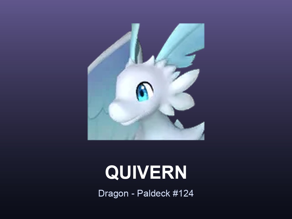 Quivern hero card showing the Dragon Pal Quivern, Paldeck #124, against a violet gradient.
