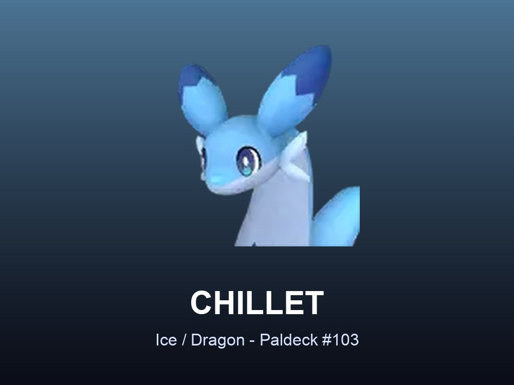 Chillet hero card showing the Ice/Dragon Pal Chillet, Paldeck #103, against an icy blue gradient.