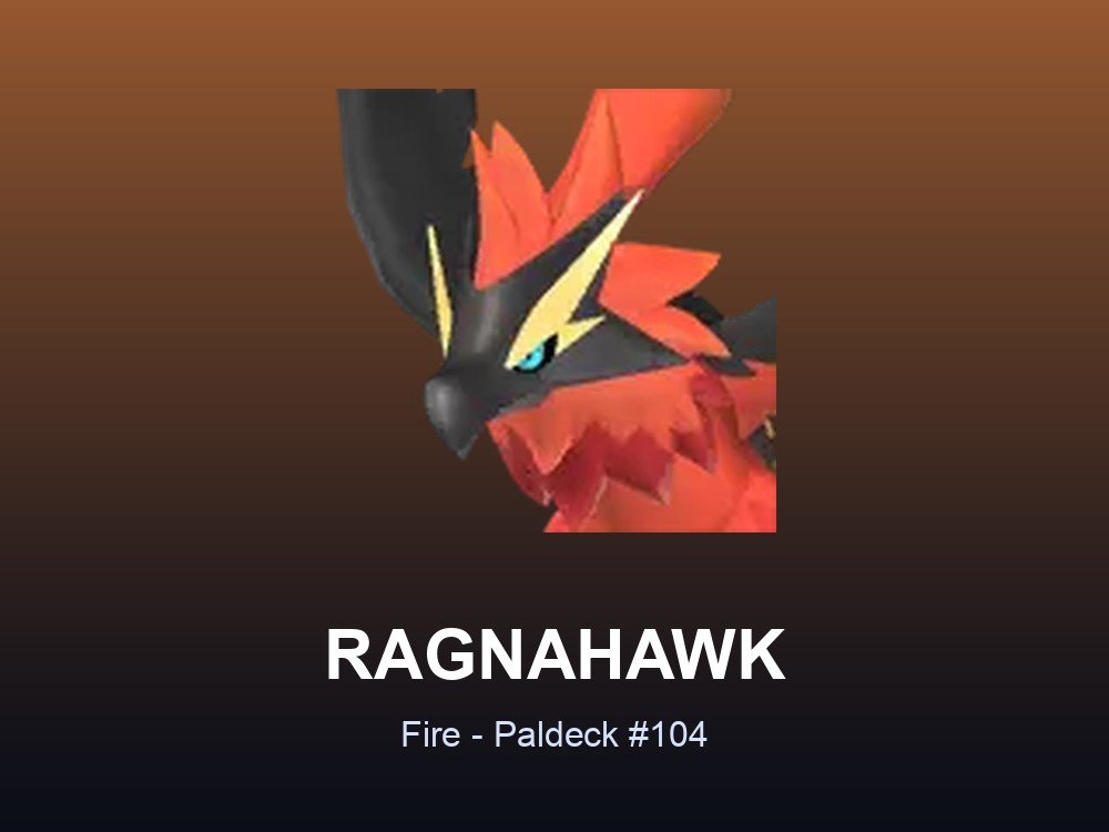 Ragnahawk hero card showing the Fire Pal Ragnahawk, Paldeck #104, against an orange gradient.