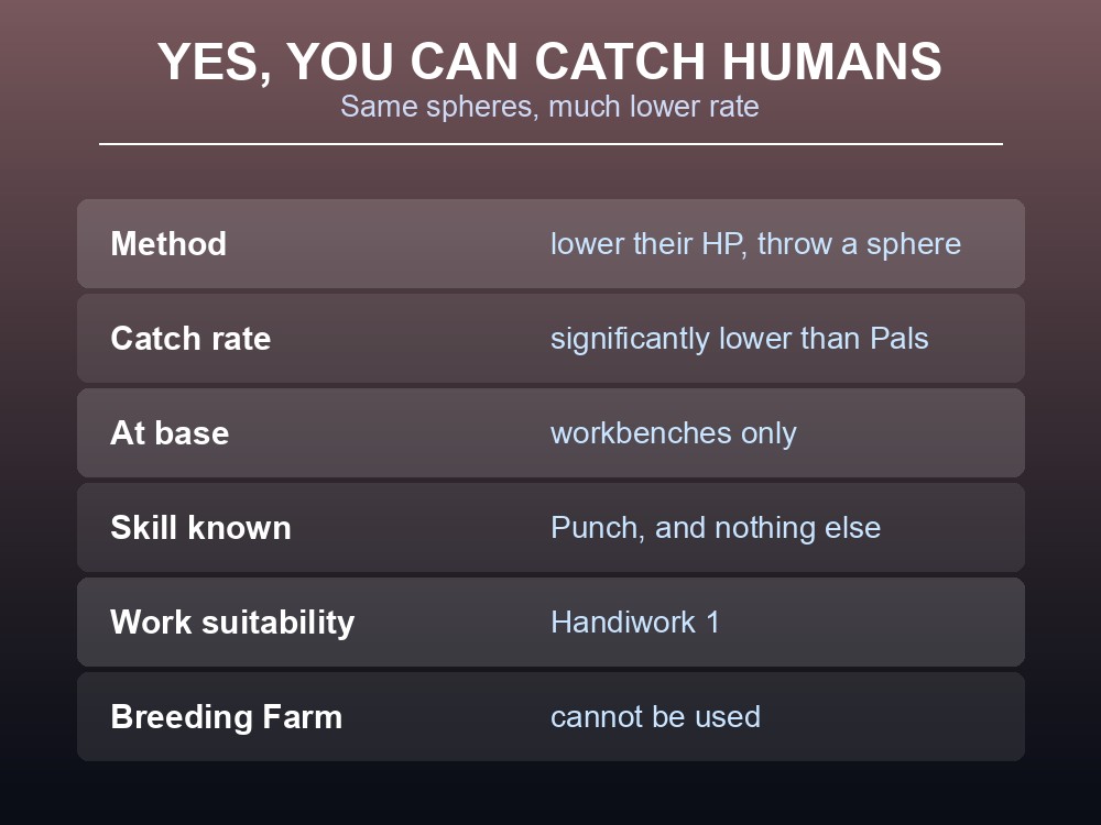 Card explaining that humans can be caught with Pal Spheres at a much lower rate, and only do Handiwork 1 at base.