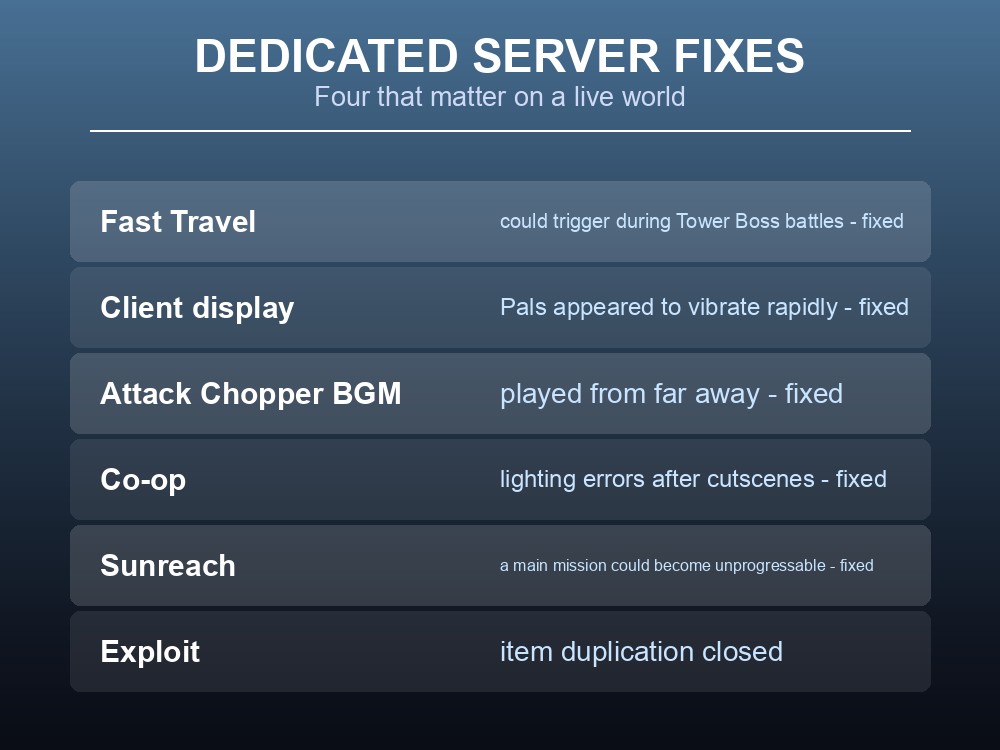 Card listing the multiplayer and dedicated-server bug fixes in v1.0.3.