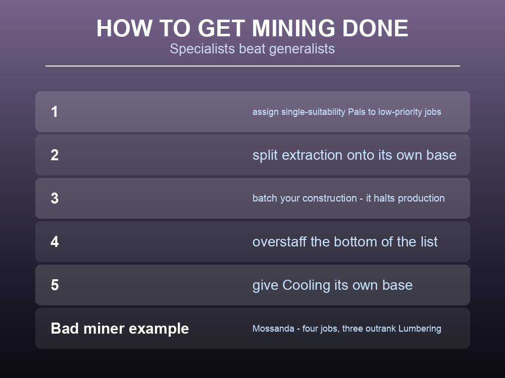Card listing the fixes for low-priority work like mining and lumbering.