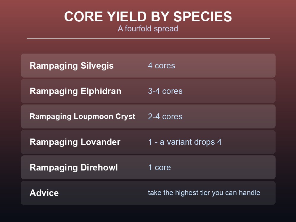 Card showing Predator Core drop counts by Rampaging Pal species.