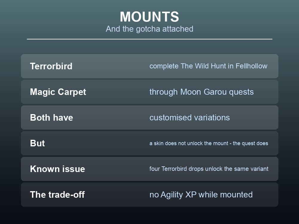 Card showing Dragonwilds' four travel systems: mounts, lodestones, shortcuts and Recall.