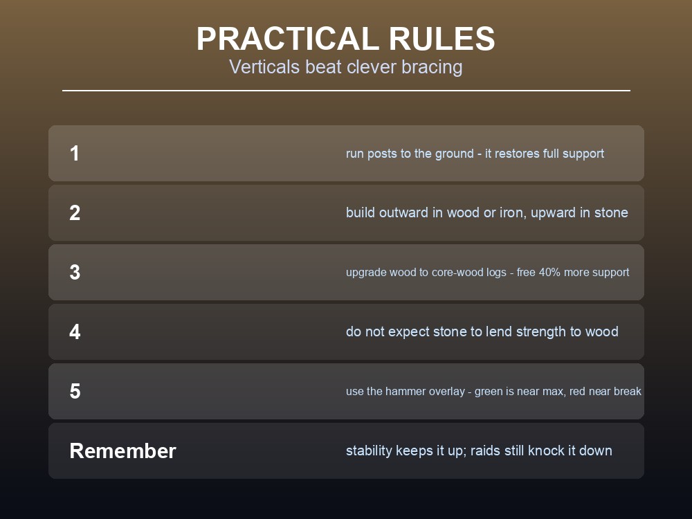 Card giving practical Valheim building stability rules.