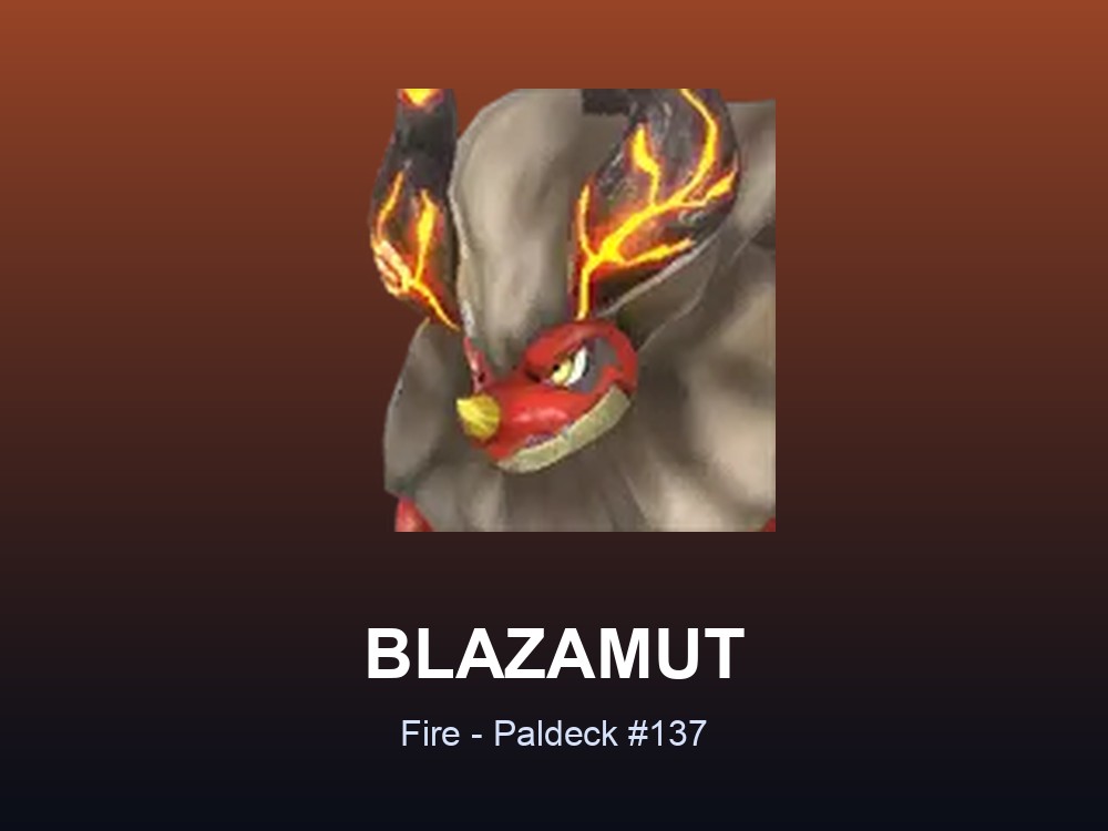 Blazamut hero card showing the Fire Pal Blazamut, Paldeck #137, against a volcanic gradient.