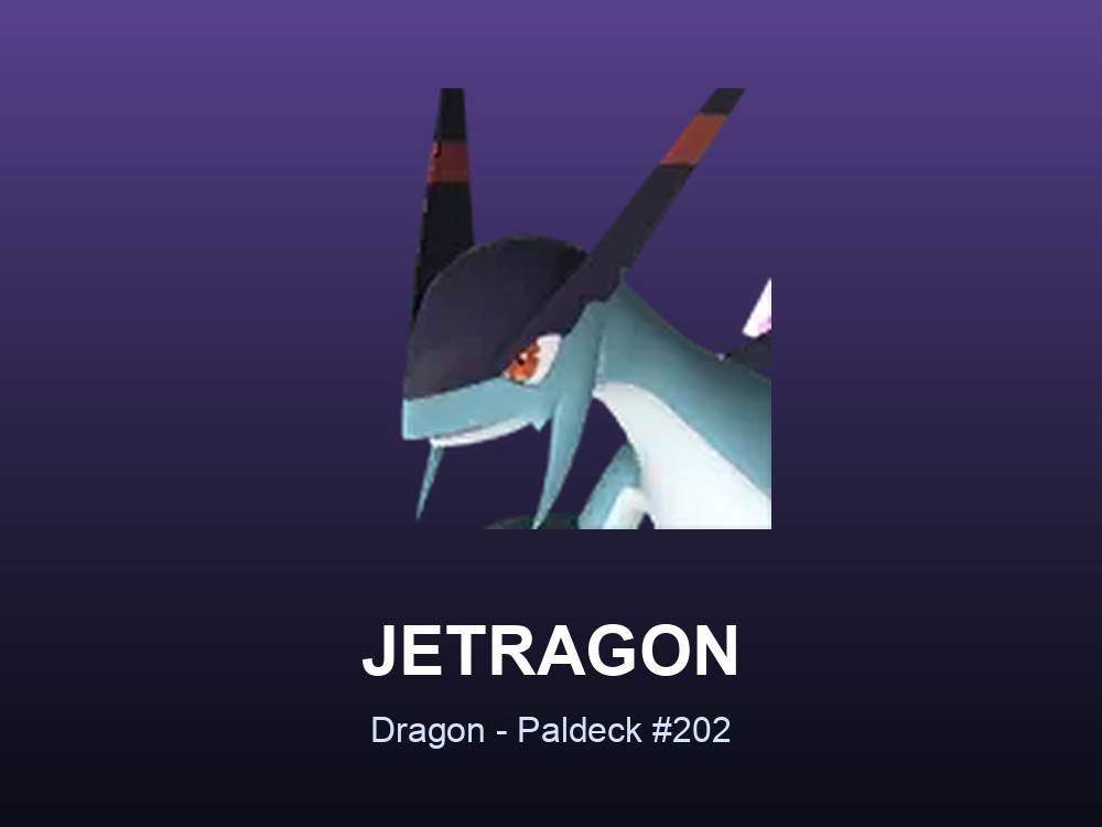 Jetragon hero card showing the Dragon Pal Jetragon, Paldeck #202, against a violet gradient.