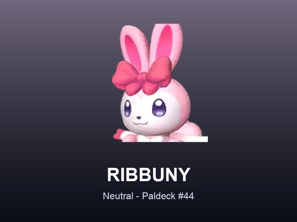 Ribbuny hero card showing the Neutral Pal Ribbuny, Paldeck #44, against a soft violet gradient.