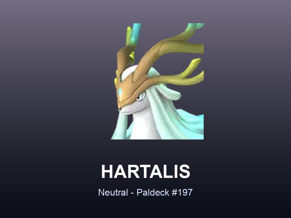 Hartalis hero card showing the Neutral Pal Hartalis, Paldeck #197, against a pale violet gradient.