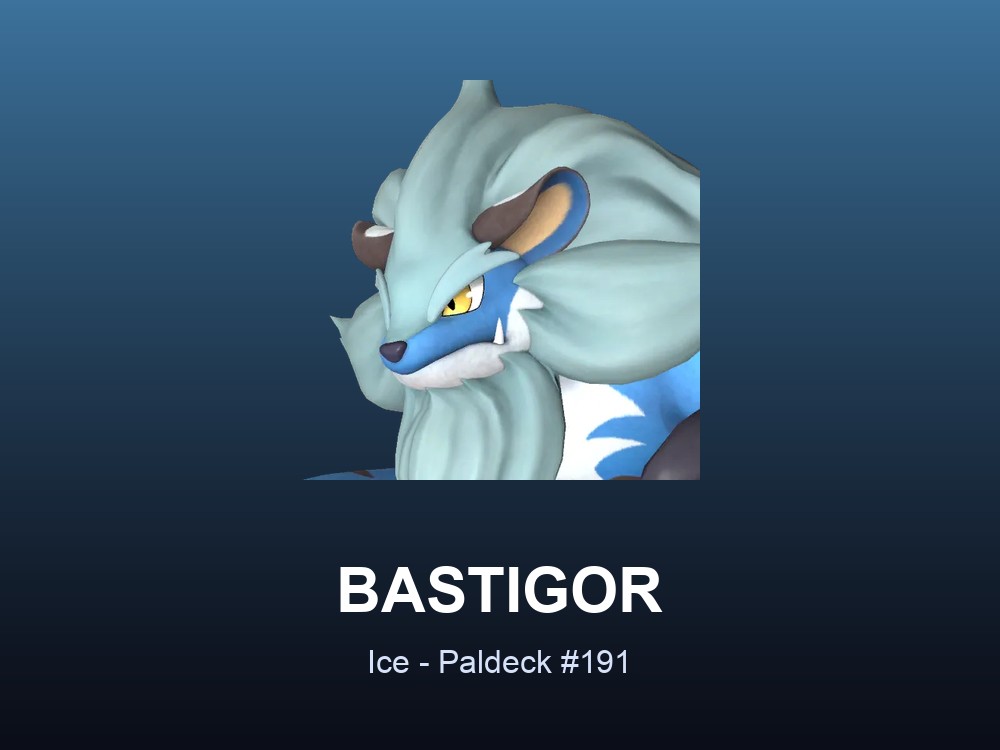 Bastigor hero card showing the Ice Pal Bastigor, Paldeck #191, against a deep blue gradient.