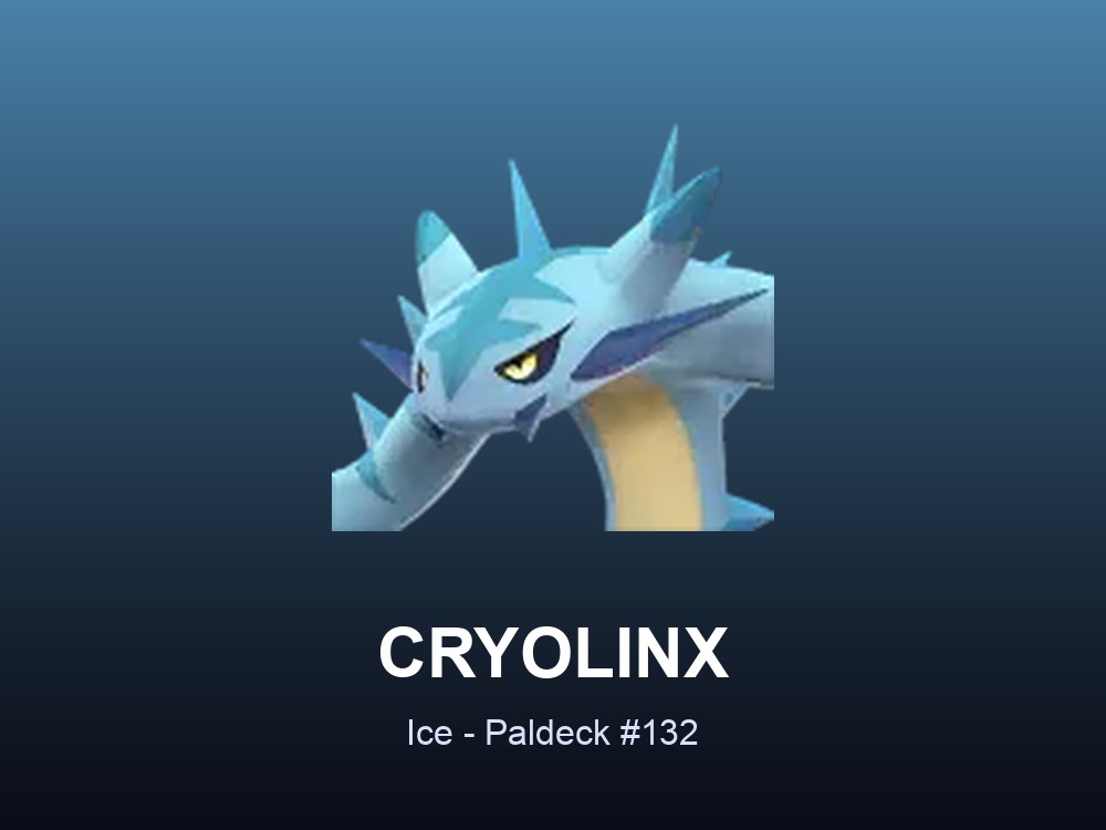 Cryolinx hero card showing the Ice Pal Cryolinx, Paldeck #132, against an icy blue gradient.