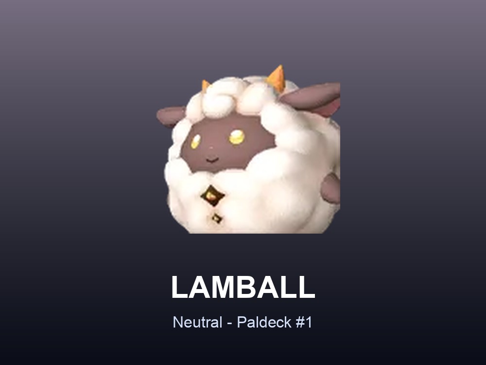 Lamball hero card showing the Neutral Pal Lamball, Paldeck #1, against a soft violet gradient.
