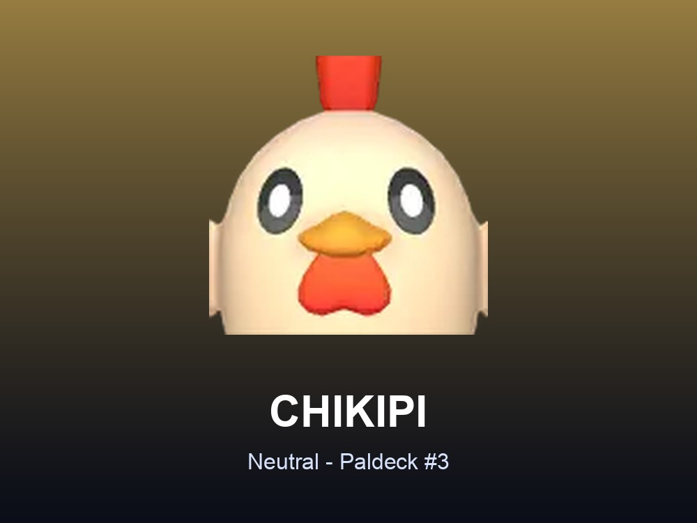 Chikipi hero card showing the Neutral Pal Chikipi, Paldeck #3, against a warm gold gradient.