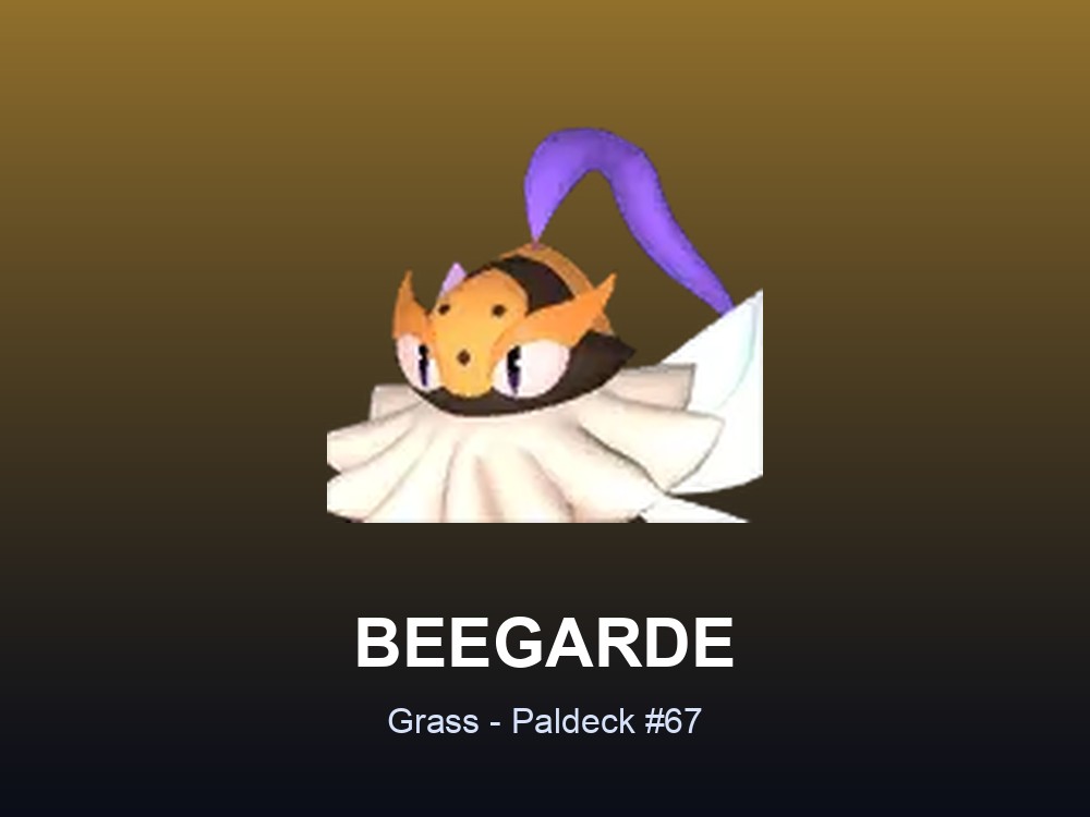 Beegarde hero card showing the Grass Pal Beegarde, Paldeck #67, against an amber gradient.