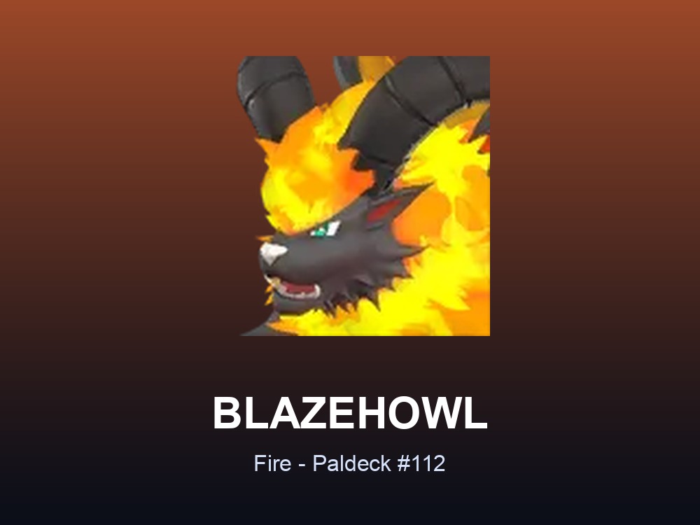 Blazehowl hero card showing the Fire Pal Blazehowl, Paldeck #112, against a volcanic gradient.