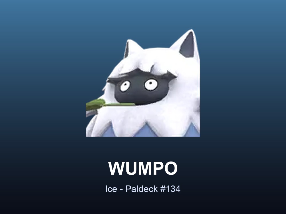 Wumpo hero card showing the Ice Pal Wumpo, Paldeck #134, against a deep blue gradient.