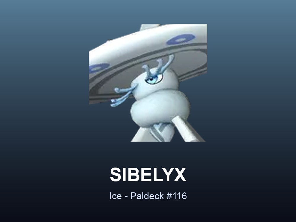 Sibelyx hero card showing the Ice Pal Sibelyx, Paldeck #116, against a pale blue gradient.